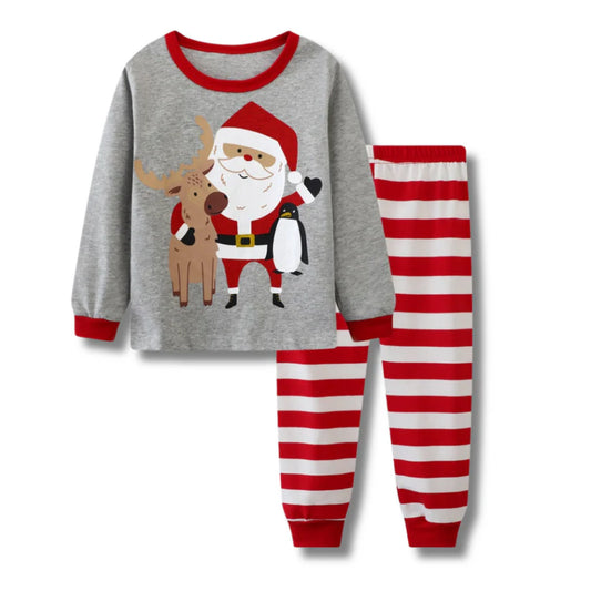 Kids Christmas Pyjamas - Grey Santa Red Stripe